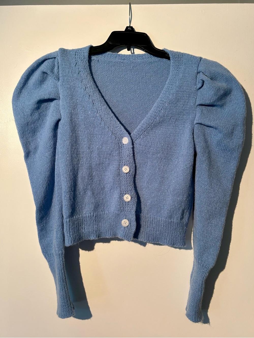 Soft Puff-Sleeve V-Neck Cardigan Sweater - Light Blue